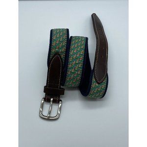 Vineyard Vines Men's Blue Green Whale Cotton Canvas Belt w/ Leather Tabs Size 28